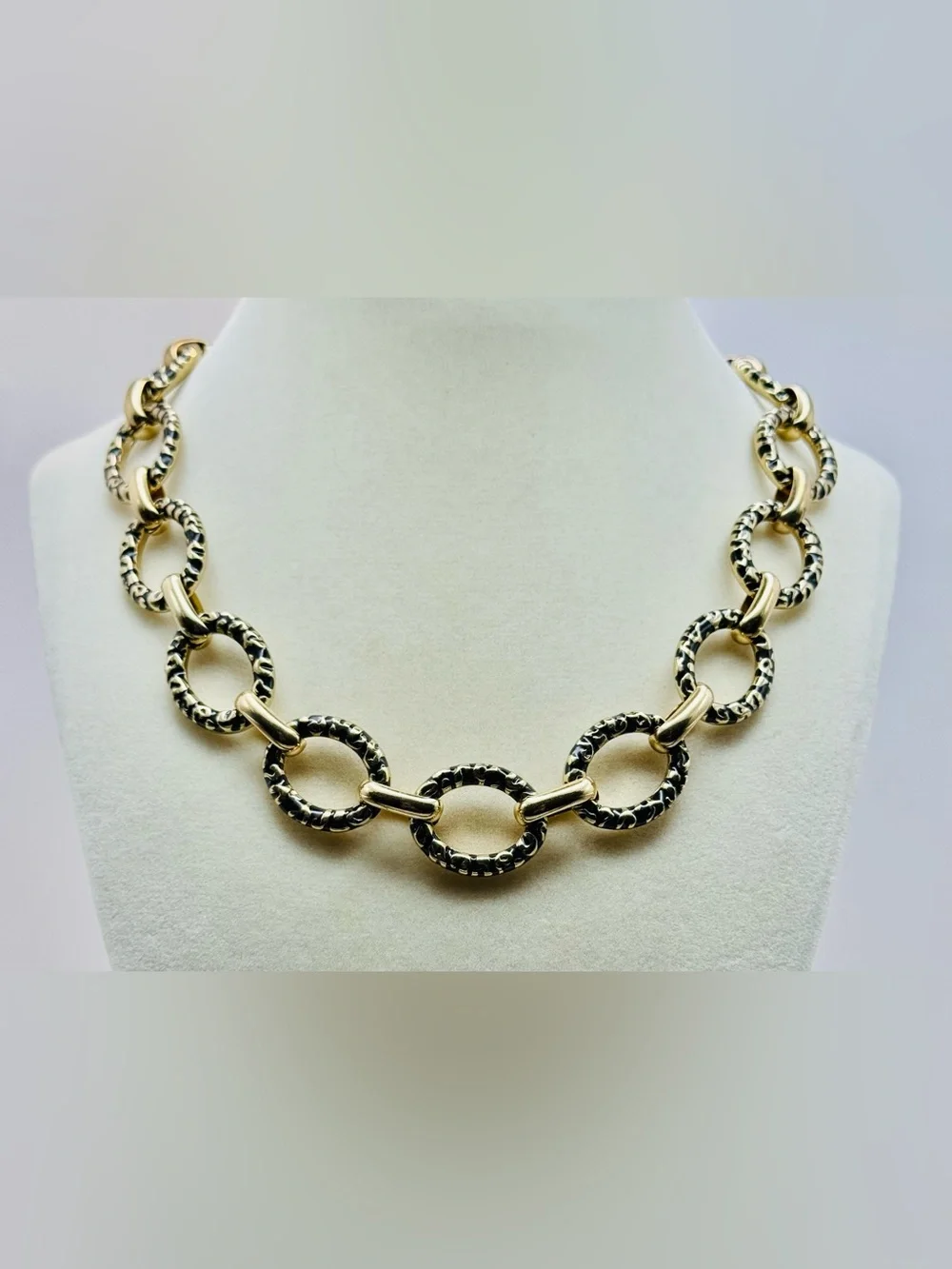 Ann Taylor Gold Tone Chain Link Necklace with Black Textured Oval Rings NWT